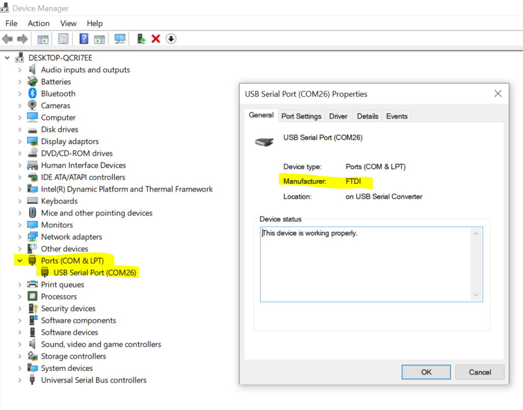 FTDI device detected in Windows Device Manager